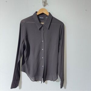 👉 New York & Company City Stretch XL Brown Button Down Shirt Sheer Long Sleeve